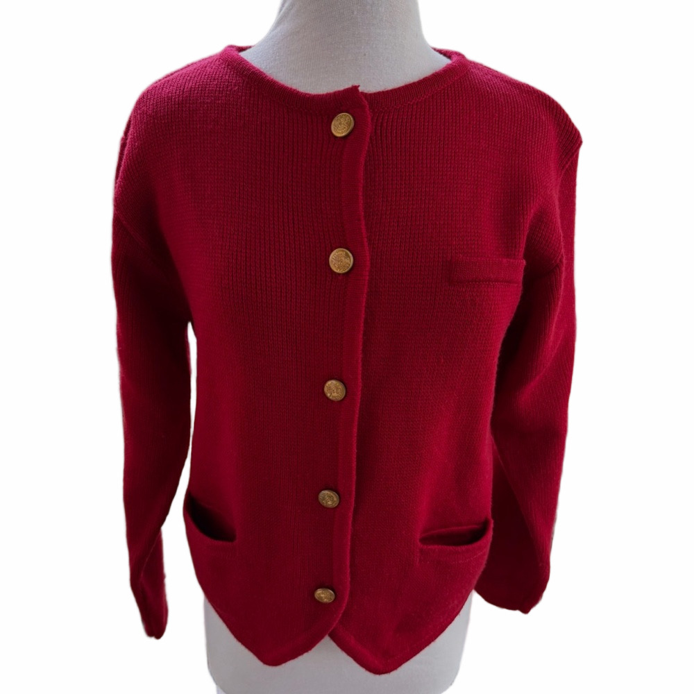 Vintage Richard Jones Medium Red Knit Cardigan Sweater Brass Buttons